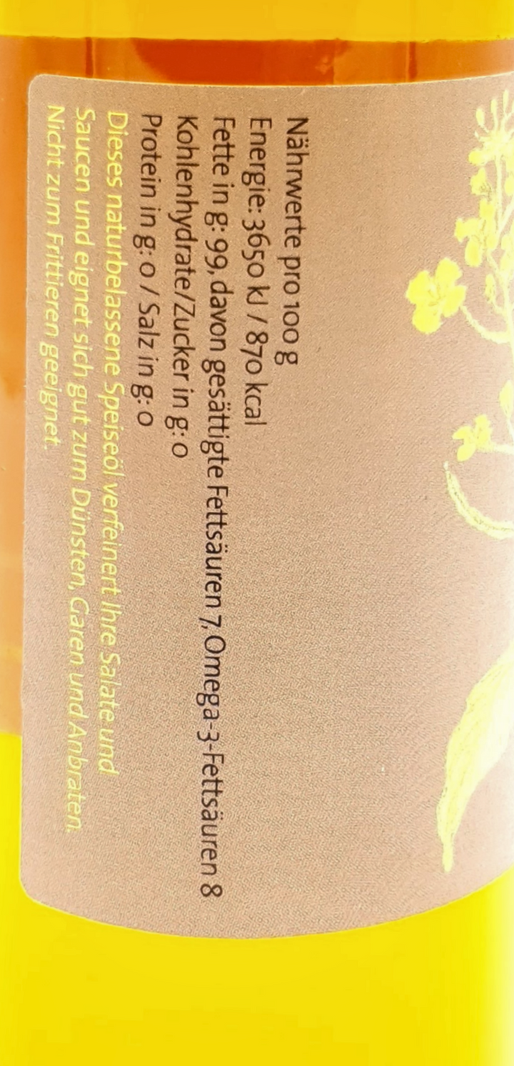 Flasche Luzerner Rapsöl von der Mühle Briseck – kaltgepresst, naturbelassen, aus Zell LU- Närwerttabelle.