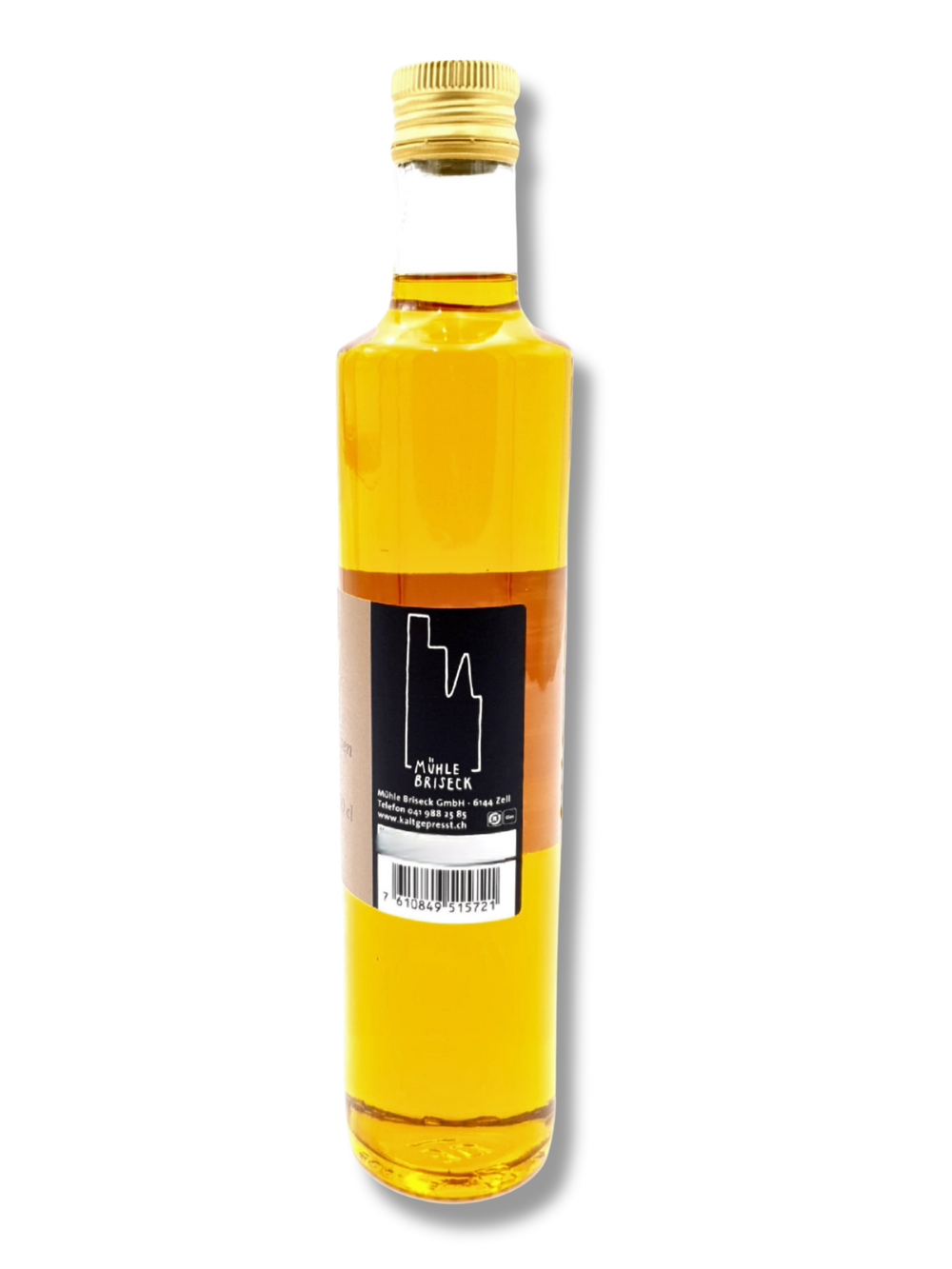 Flasche Luzerner Rapsöl von der Mühle Briseck – kaltgepresst, naturbelassen, aus Zell LU - Rückseite.