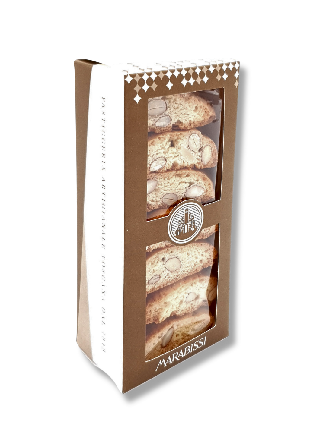 Bild goldbraune Piccoli Cantucci von Marabissi – traditionelles toskanisches Mandelgebäck in handlicher Größe, doppelt gebacken und ideal zum Genießen mit Vin Santo oder Kaffee. Etikett.