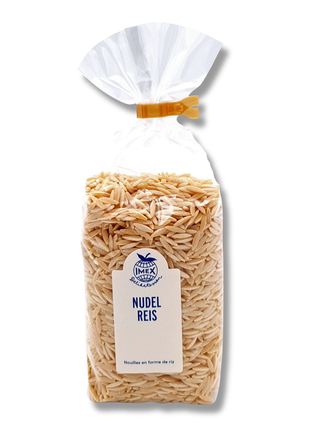 Packung Nudel Reis von Imex Delikatessen transparent, gefüllt mit pastaartigem Reis aus Hartweizengrieß und frischen Eiern - Etikett.