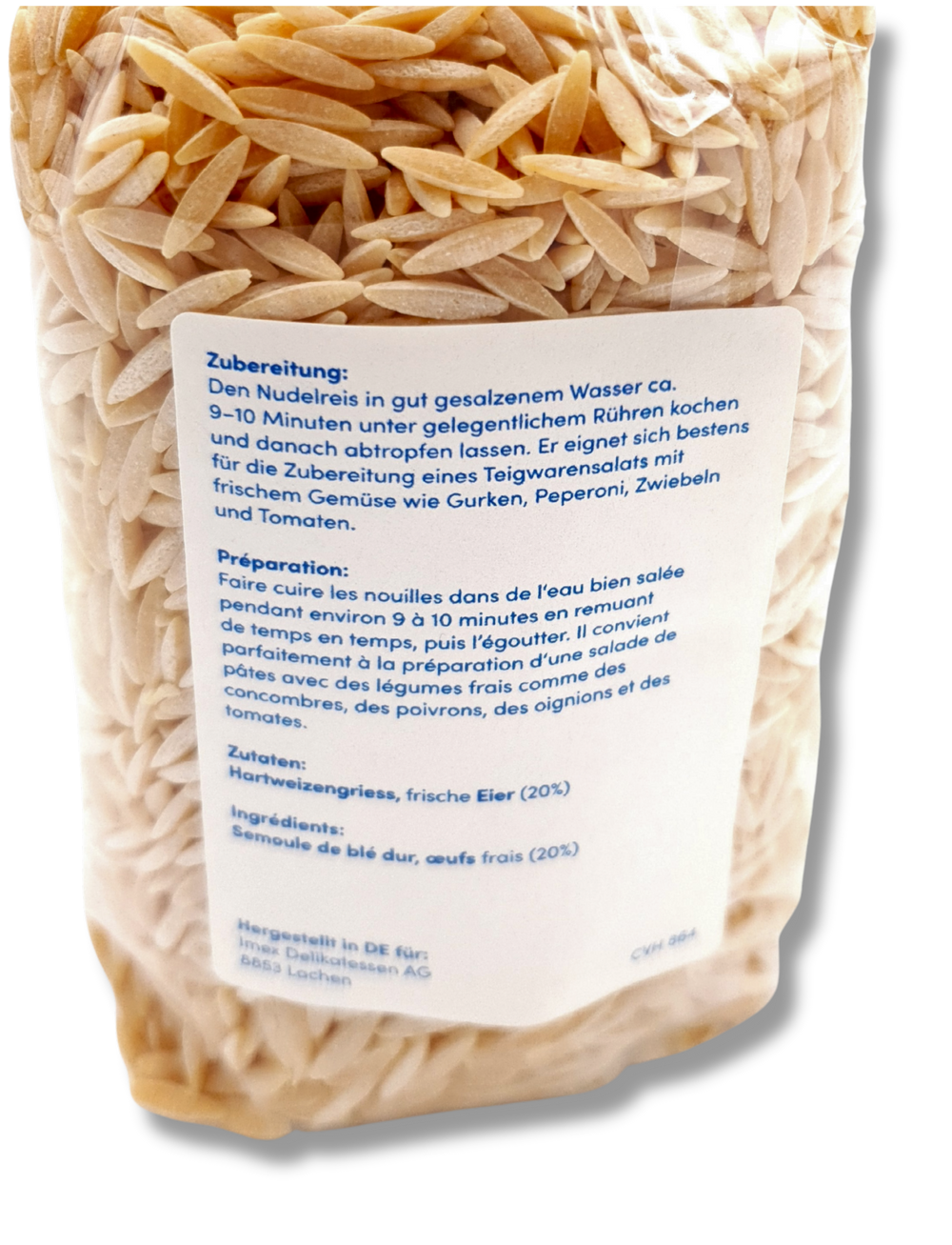 Packung Nudel Reis von Imex Delikatessen transparent, gefüllt mit pastaartigem Reis aus Hartweizengrieß und frischen Eiern - Rückseite.