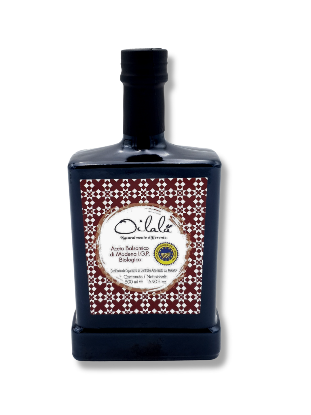 Bio Aceto Balsamico di Modena von Oilalà – italienischer Balsamico-Essig in edler Glasflasche 500ml, g.g.A., aus biologischem Anbau. Etikett.