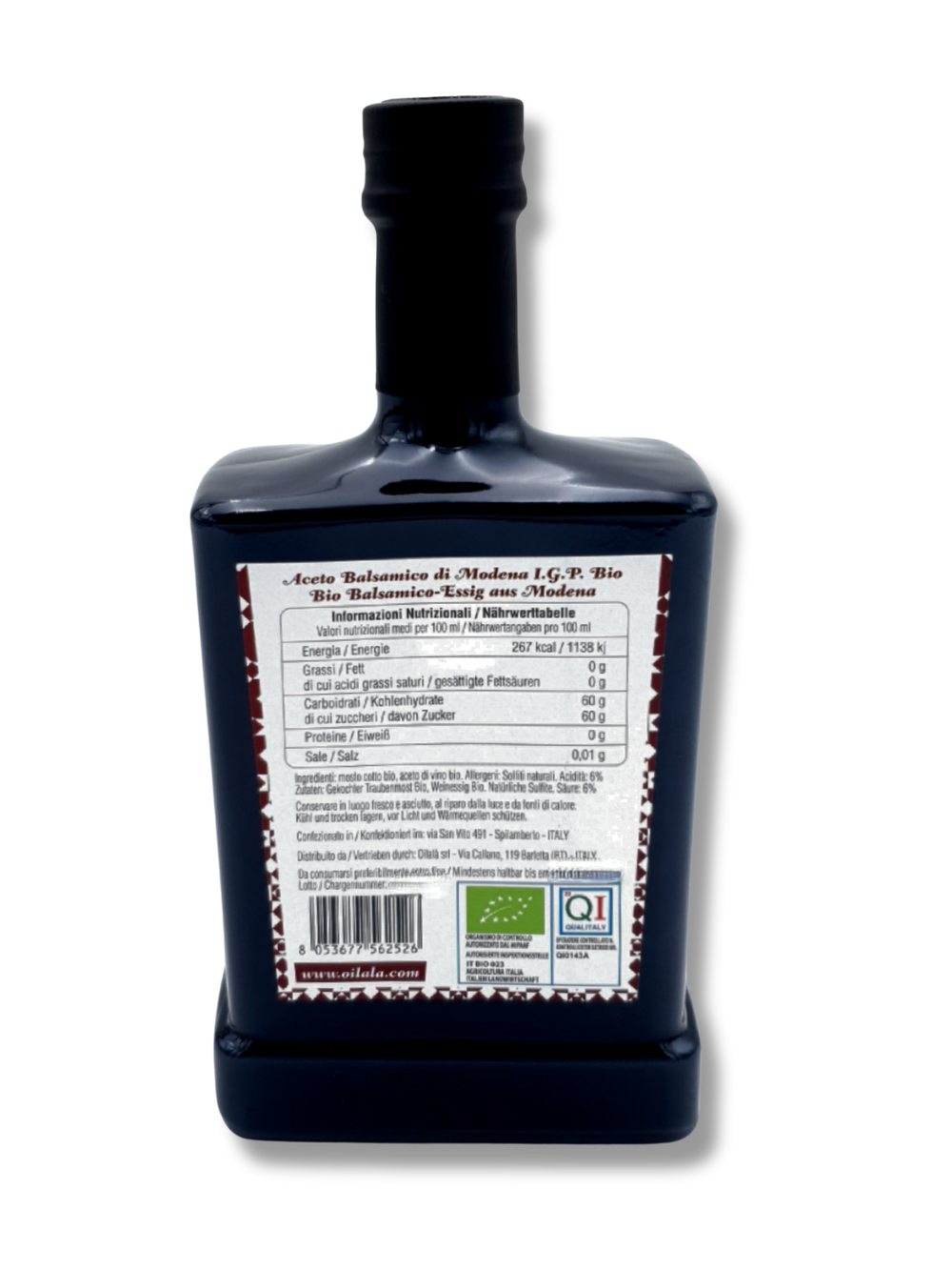 Bio Aceto Balsamico di Modena von Oilalà – italienischer Balsamico-Essig in edler Glasflasche, g.g.A., aus biologischem Anbau. Nährwerttabelle und Zutatenliste
