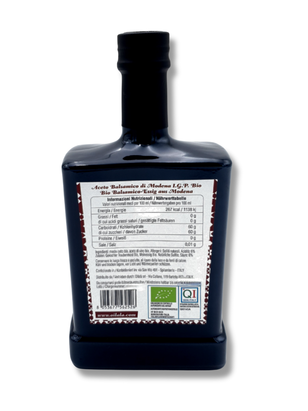 Bio Aceto Balsamico di Modena von Oilalà – italienischer Balsamico-Essig in edler Glasflasche, g.g.A., aus biologischem Anbau. Nährwerttabelle und Zutatenliste