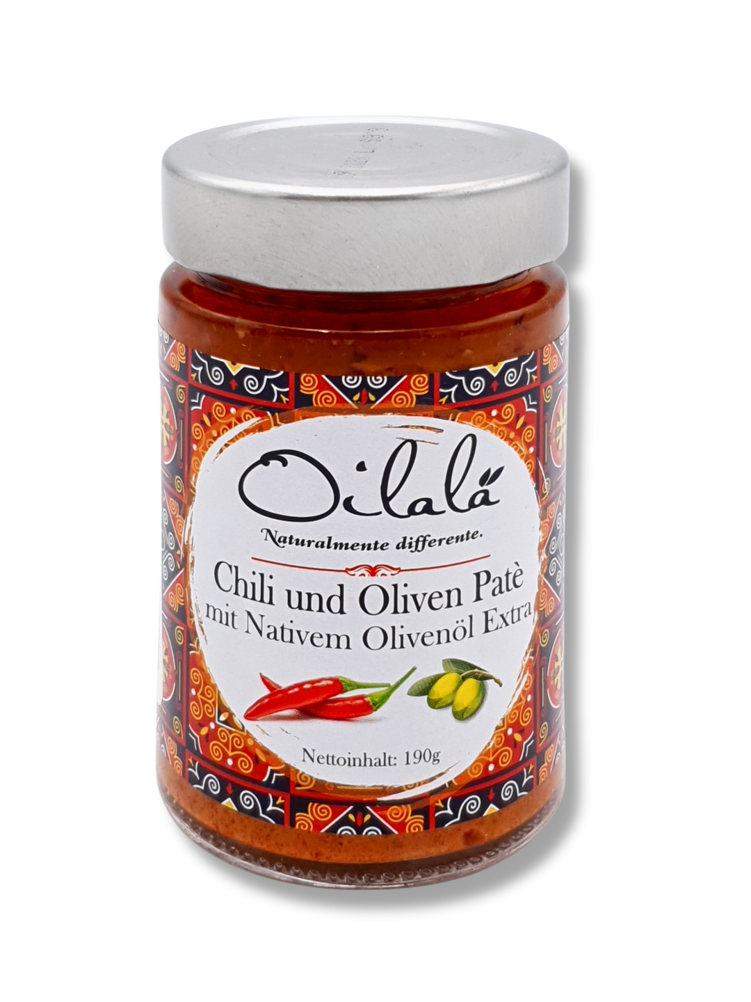 Glas mit würziger Chili- und Olivenöl-Paté von Oilalà aus Apulien, mit elegantem Etikett in italienischem Design – feurige Feinkost-Spezialität aus Süditalien.