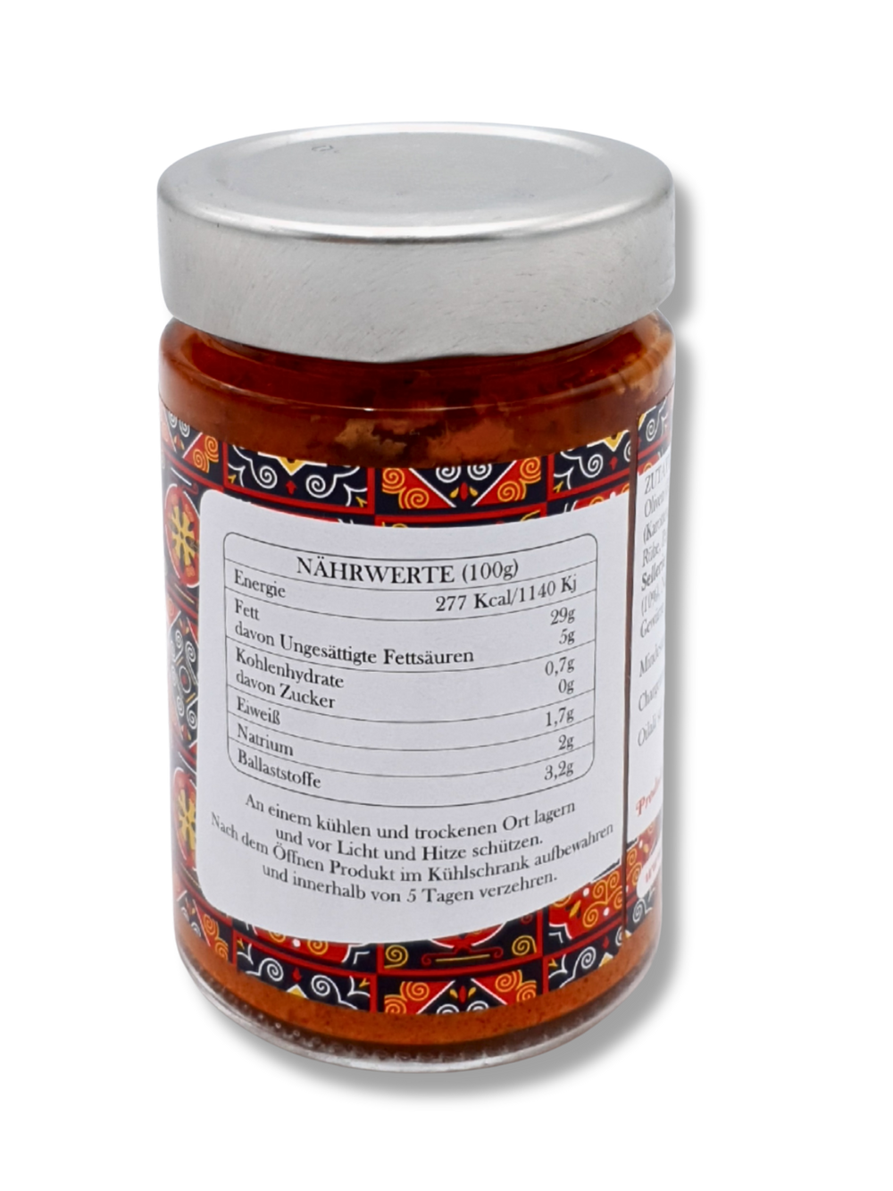 Glas mit würziger Chili- und Olivenöl-Paté von Oilalà aus Apulien, Nährwerttabelle – feurige Feinkost-Spezialität aus Süditalien.