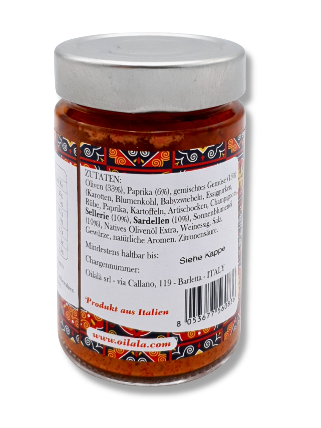 Glas mit würziger Chili- und Olivenöl-Paté von Oilalà aus Apulien, Zutatenliste 