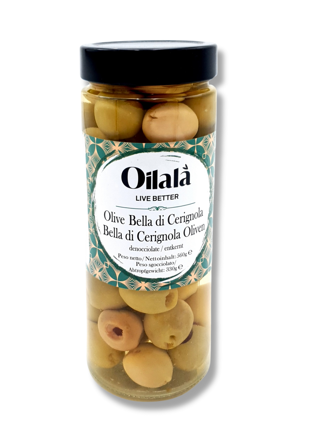 Glas mit Oilalà Bella di Cerignola Oliven – grosse grüne entsteinte Oliven in Salzwasser, 580 g, italienisches Premiumprodukt mit elegantem Etikett.