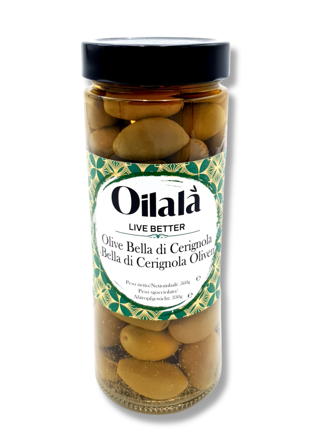 Glas mit Oilalà Bella di Cerignola Oliven – grosse grüne Oliven mit Stein in Salzwasser, 580 g, italienisches Premiumprodukt mit elegantem Etikett.