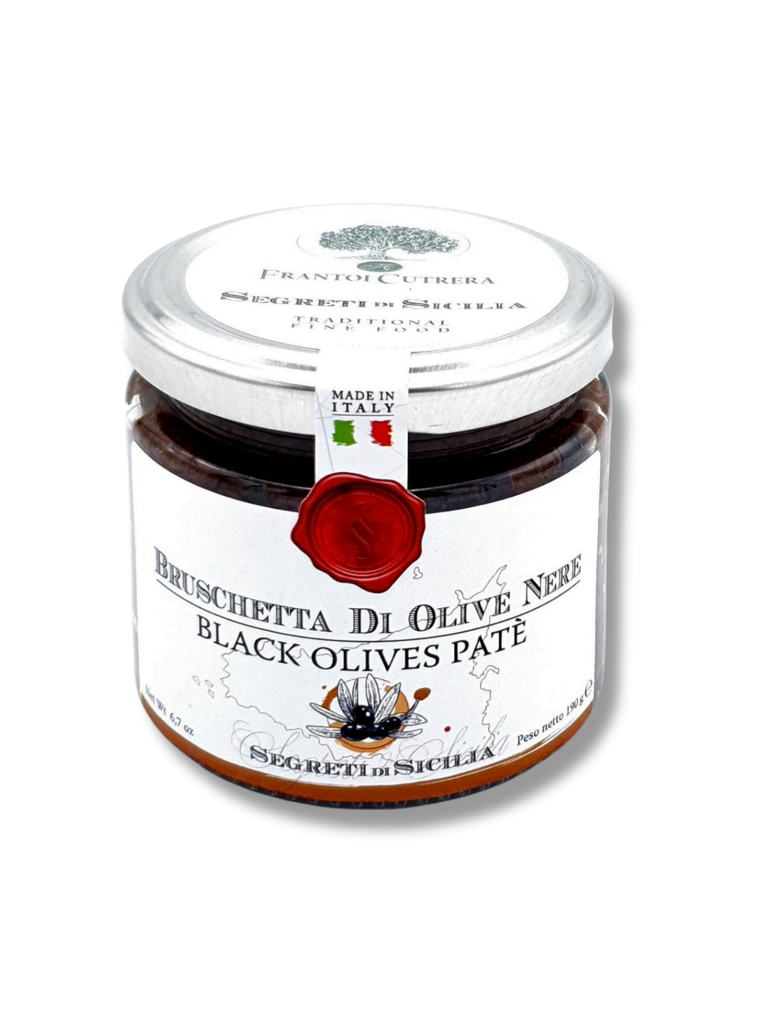 Paté mit schwarzen Nocellara-Oliven – Frantoi Cutrera 190g Glas aus Sizilien - Etikett