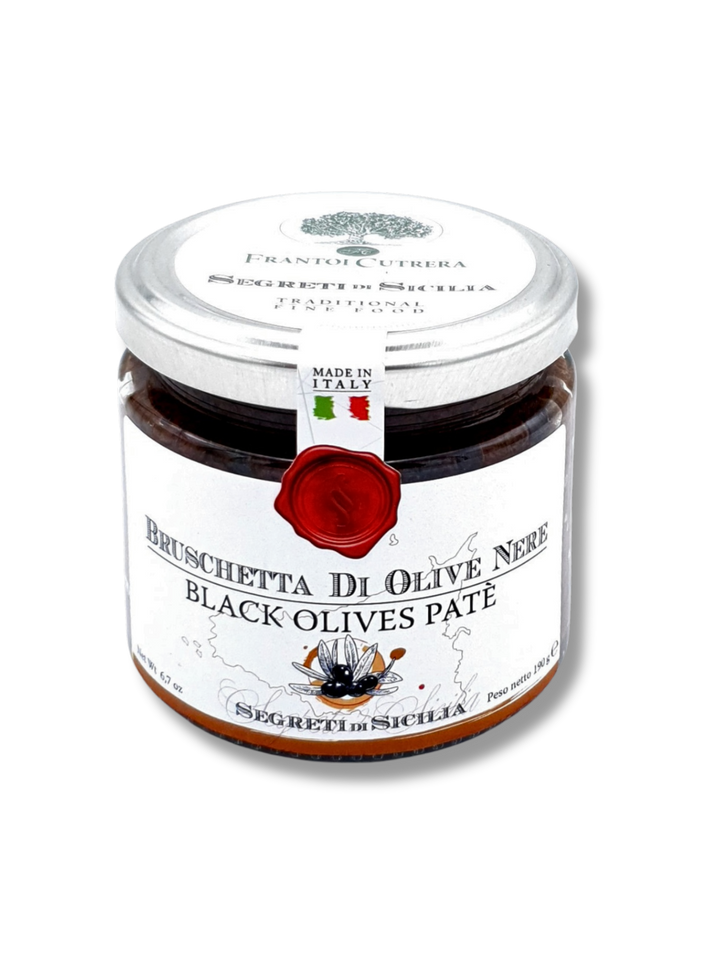 Paté mit schwarzen Nocellara-Oliven – Frantoi Cutrera 190g Glas aus Sizilien - Etikett