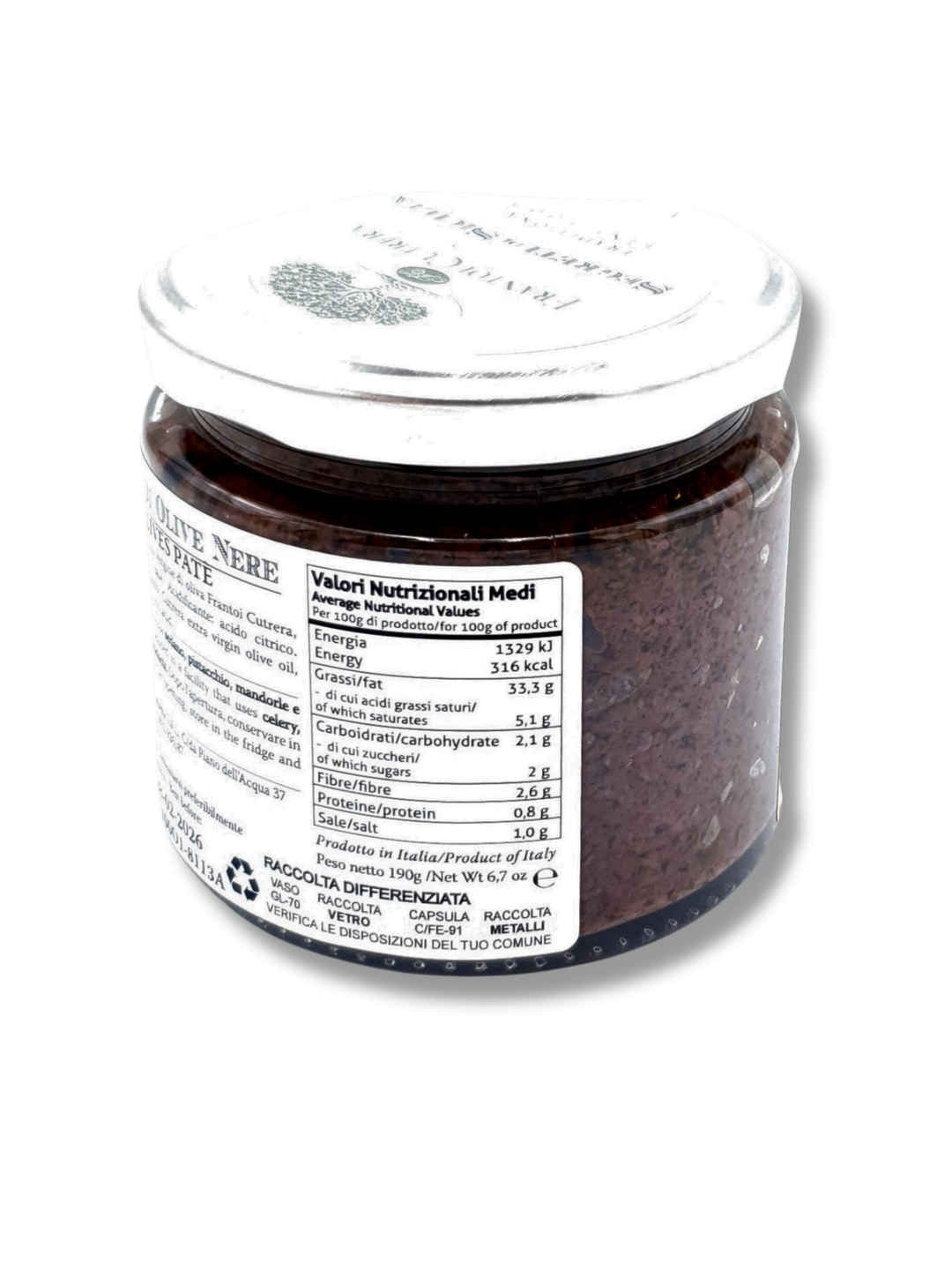 Schwarze Olivenpaté aus Sizilien – Frantoi Cutrera Feinkost - Nährwerttabelle