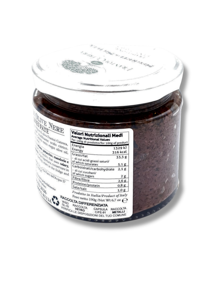 Schwarze Olivenpaté aus Sizilien – Frantoi Cutrera Feinkost - Nährwerttabelle