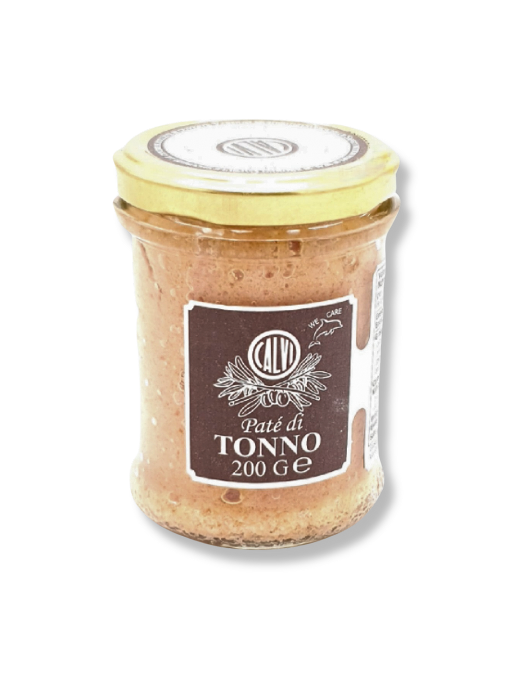 Glas mit Paté di Tonno von Calvi – italienischer Thunfischaufstrich in 200 g Glas. Etikette.