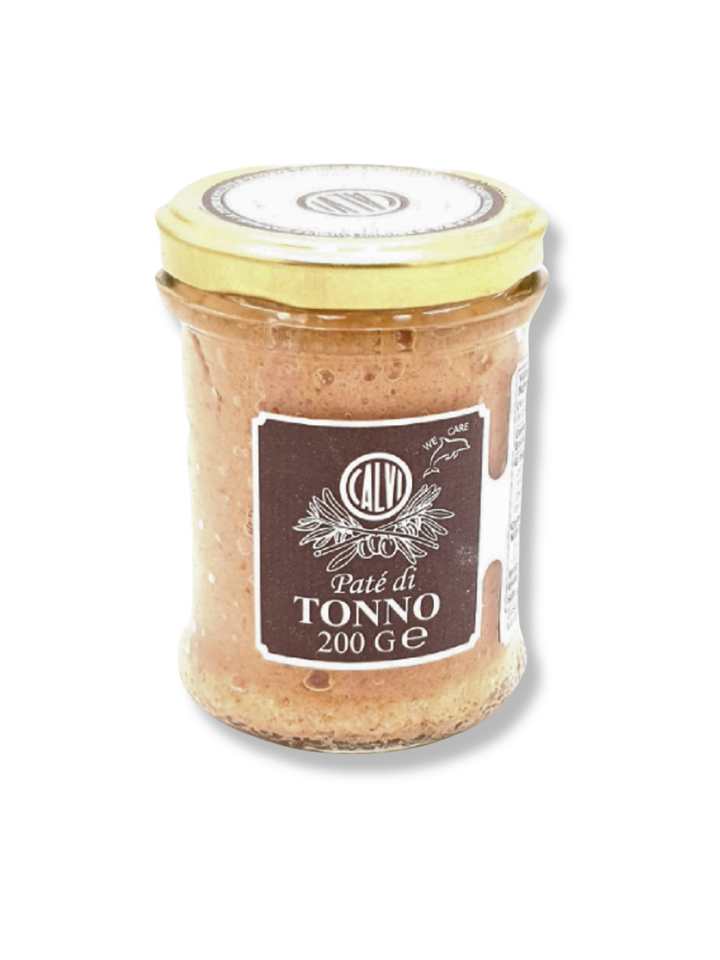 Glas mit Paté di Tonno von Calvi – italienischer Thunfischaufstrich in 200 g Glas. Etikette.