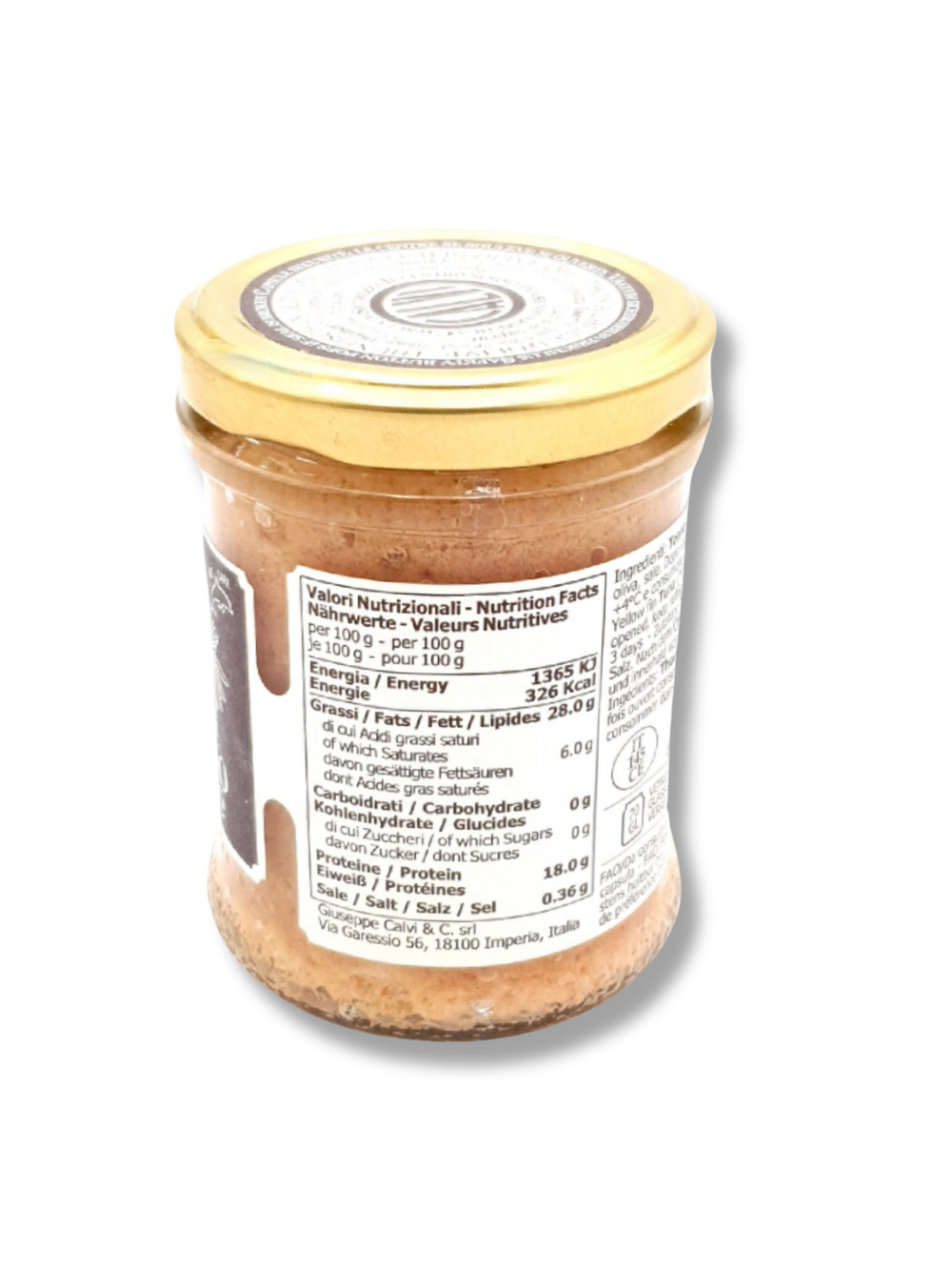 Glas mit Paté di Tonno von Calvi – italienischer Thunfischaufstrich in 200 g Glas. Naehrwertangaben.