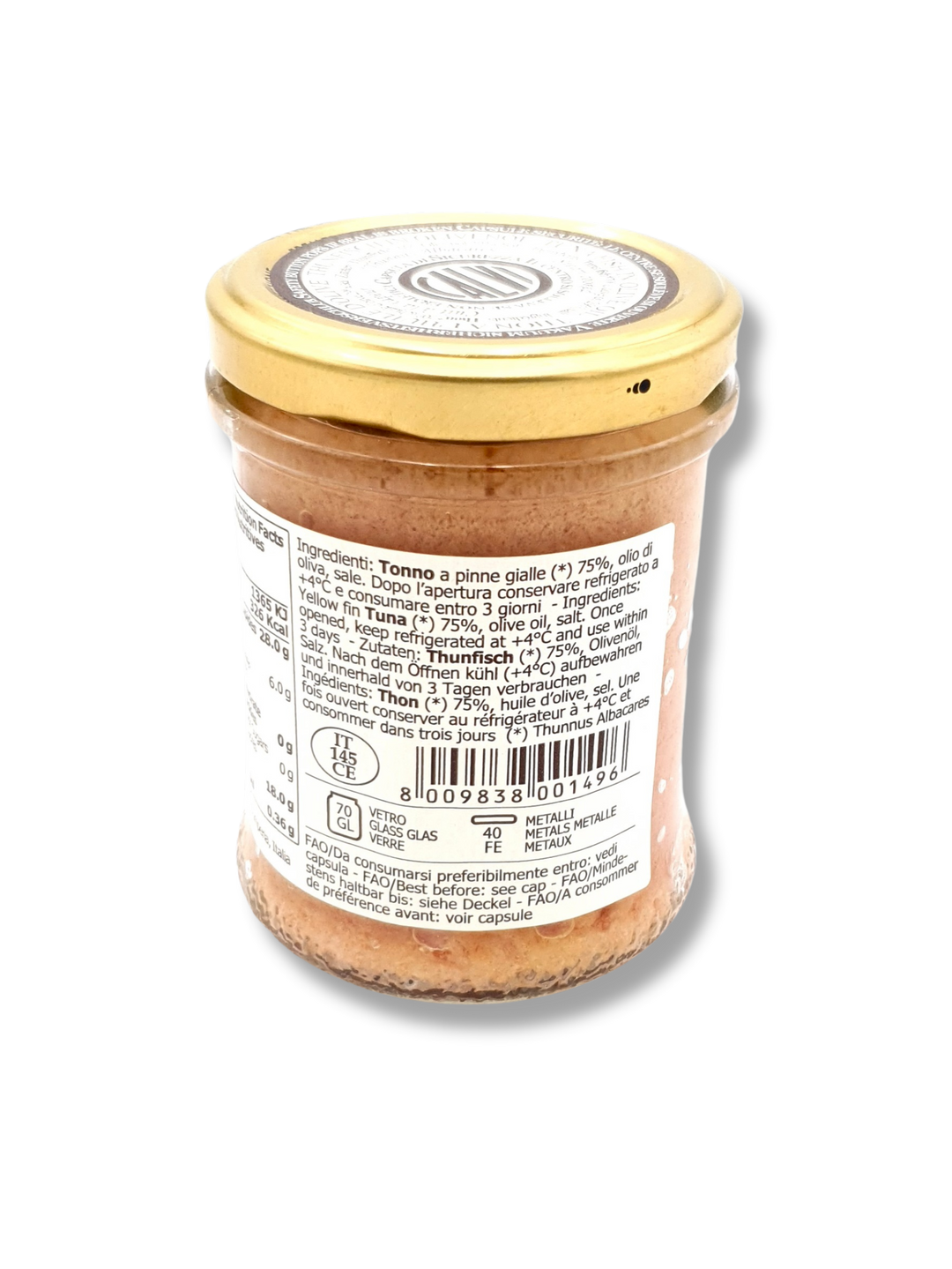 Glas mit Paté di Tonno von Calvi – italienischer Thunfischaufstrich in 200 g Glas. Zutatenliste.