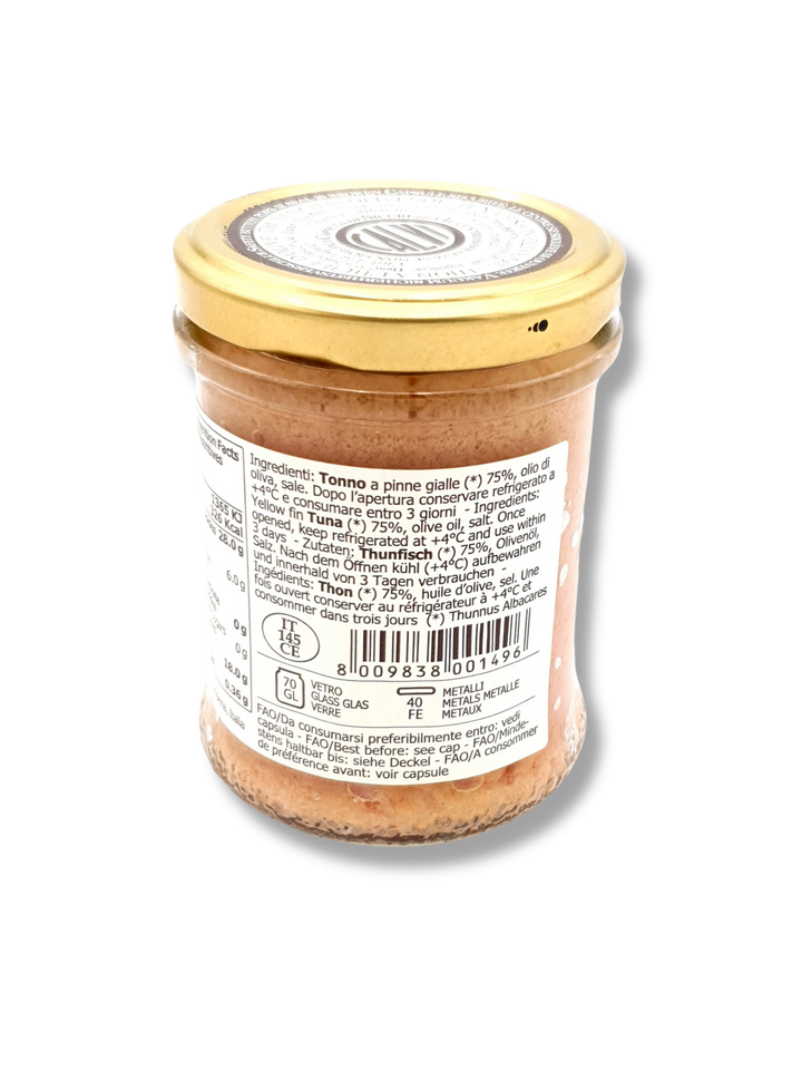 Glas mit Paté di Tonno von Calvi – italienischer Thunfischaufstrich in 200 g Glas. Zutatenliste.