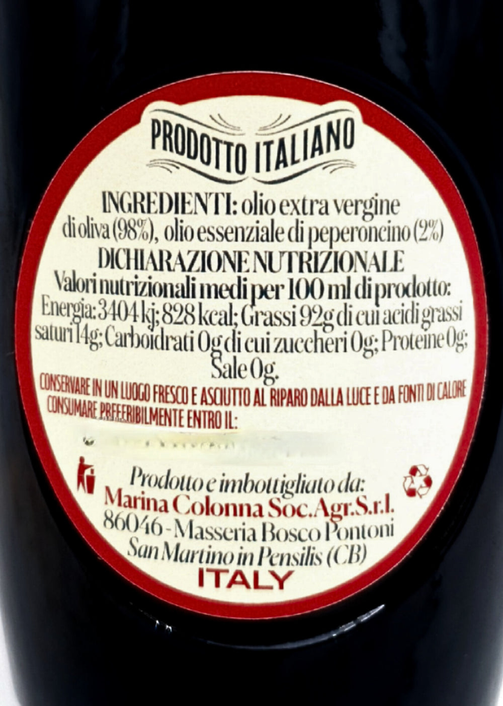 Peperoncino Olivenöl Extra Vergine von Marina Colonna – hochwertiges Chili-Würzöl aus Italien - Etikett