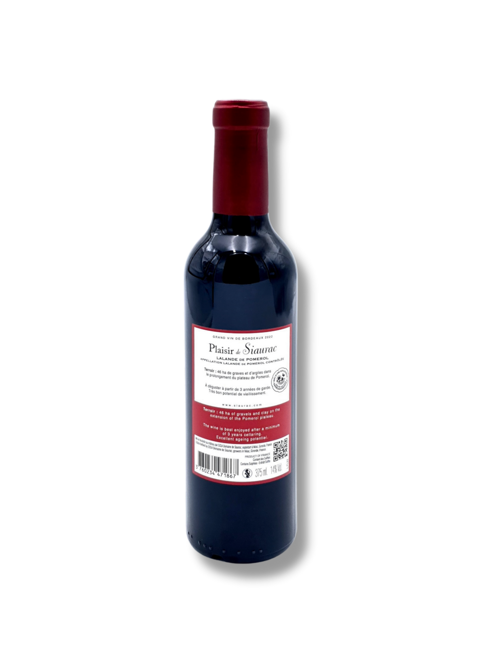Etikett Plaisir de Siaurac 2022 – eleganter Bordeaux Rotwein aus Lalande-de-Pomerol im 1/2-Flasche Miniformat