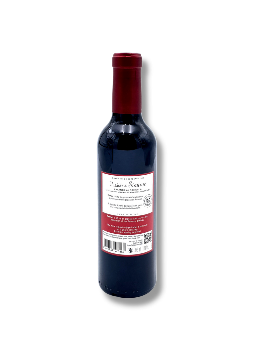 Etikett Plaisir de Siaurac 2022 – eleganter Bordeaux Rotwein aus Lalande-de-Pomerol im 1/2-Flasche Miniformat