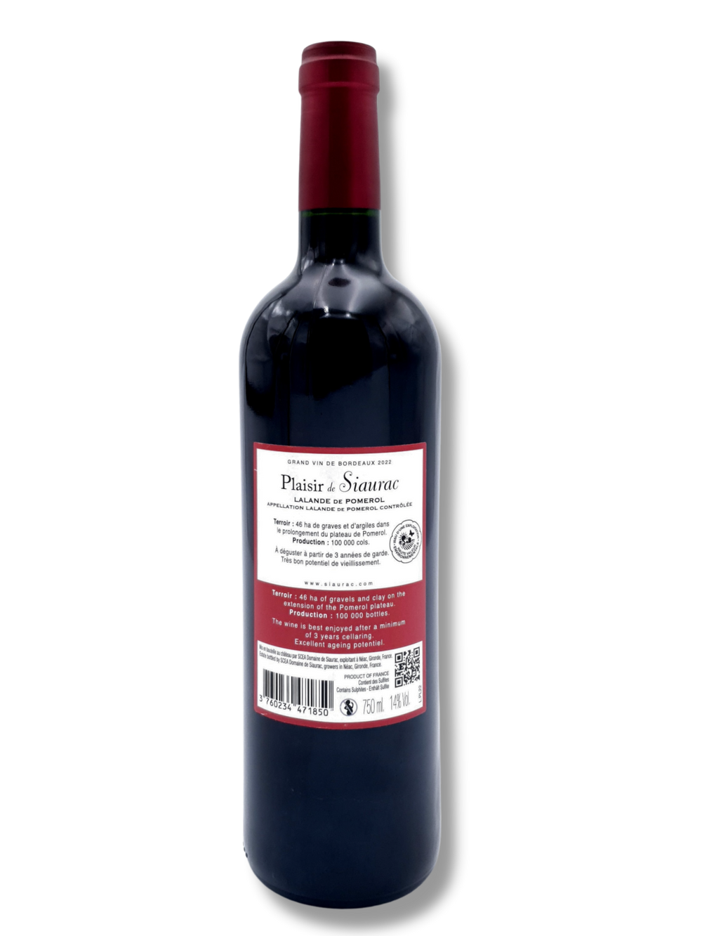 Etikett Plaisir de Siaurac 2022 – eleganter Bordeaux Rotwein aus Lalande-de-Pomerol - Rückseite