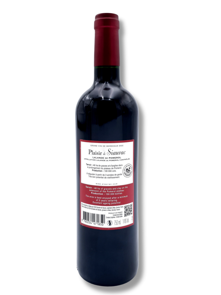 Etikett Plaisir de Siaurac 2022 – eleganter Bordeaux Rotwein aus Lalande-de-Pomerol - Rückseite