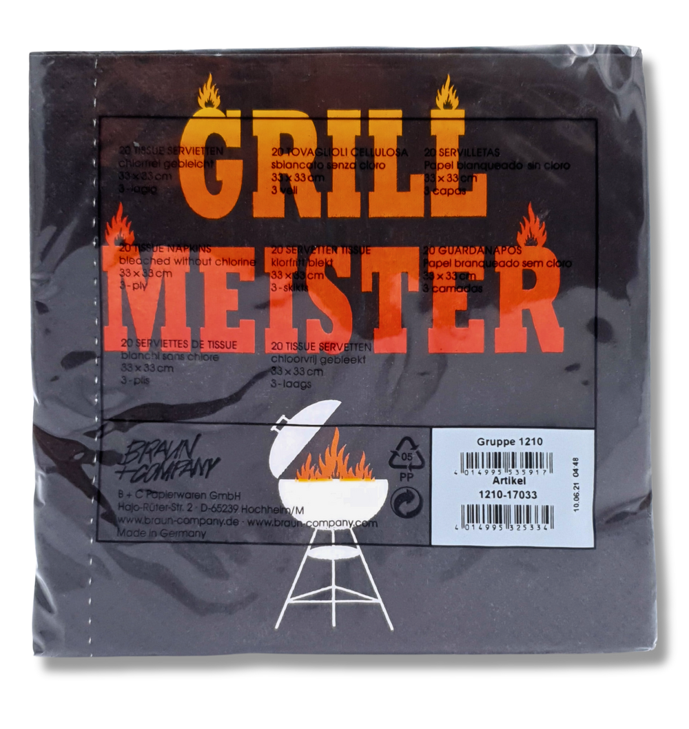 Hochwertige chlorfrei gebleichte Grill-Servietten mit Grillmeister Motiv