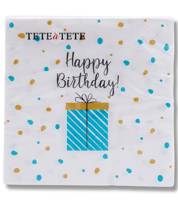 Geburtstagsserviette mit Geschenk-Motiv und Happy Birthday Schriftzug