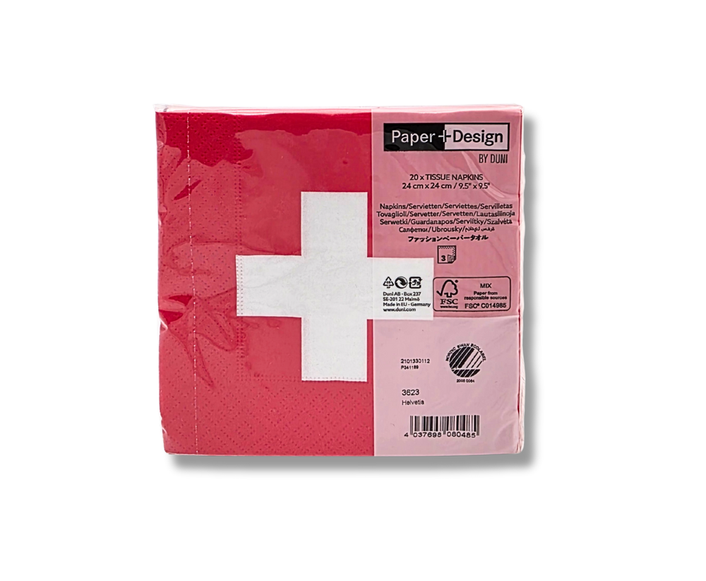 Papierservietten Helvetia, 3-lagig aus Zellstoff, Packung mit 20 Stück, Motiv Schweizer Kreuz, 25 x 25 cm, aus Deutschland
