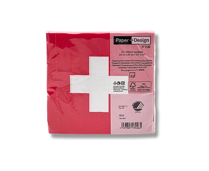Papierservietten Helvetia, 3-lagig aus Zellstoff, Packung mit 20 Stück, Motiv Schweizer Kreuz, 25 x 25 cm, aus Deutschland
