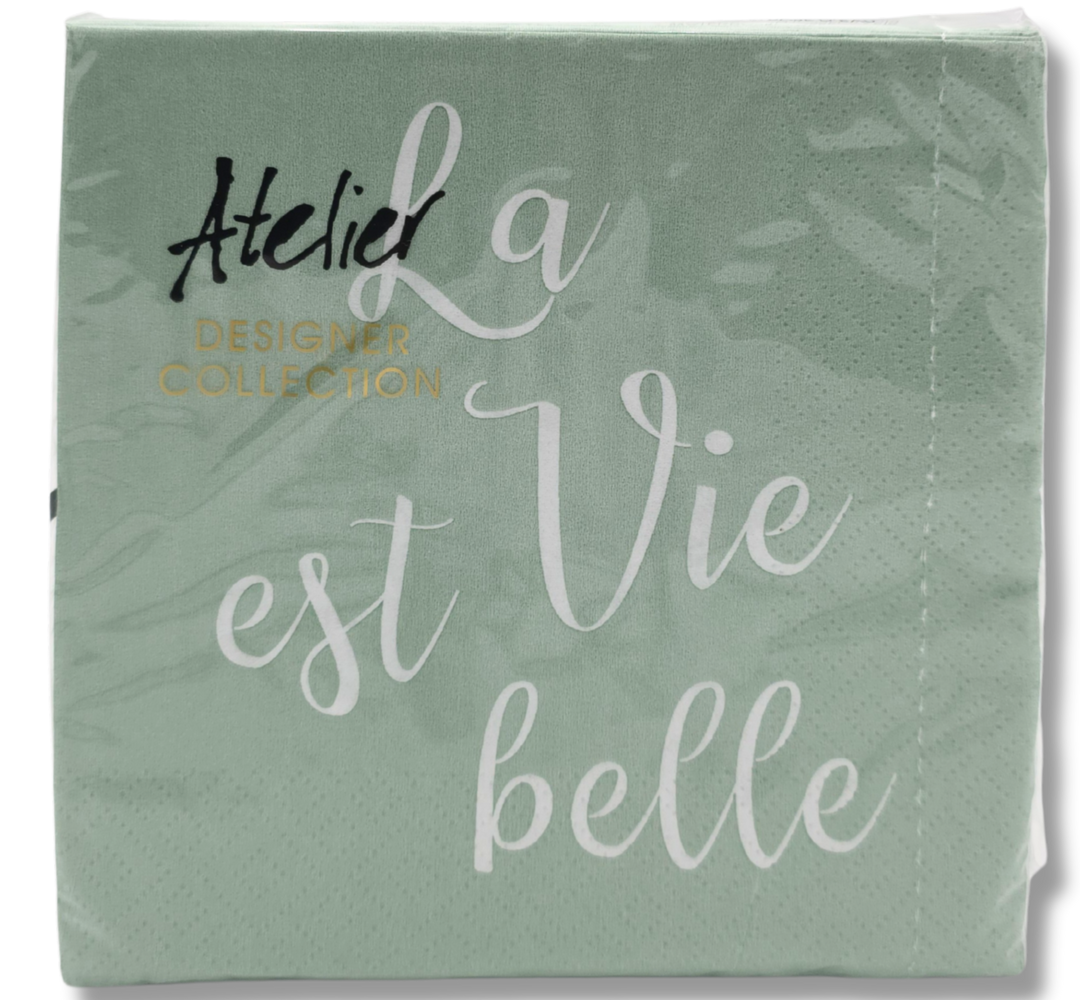 Servietten La Vie est belle in Mintgrün mit weissem Schriftzug, 3-lagig, 33 x 33 cm, 20 Stück