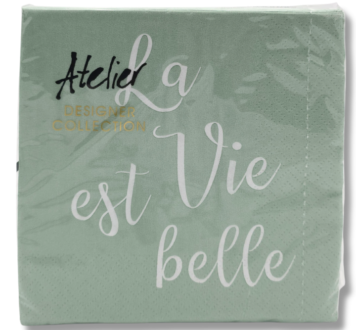Servietten La Vie est belle in Mintgrün mit weissem Schriftzug, 3-lagig, 33 x 33 cm, 20 Stück