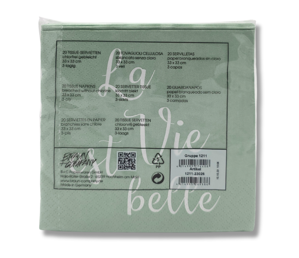 Papierservietten La Vie est belle, 3-lagig, 33 x 33 cm, Packung mit 20 Stück, hergestellt in Deutschland