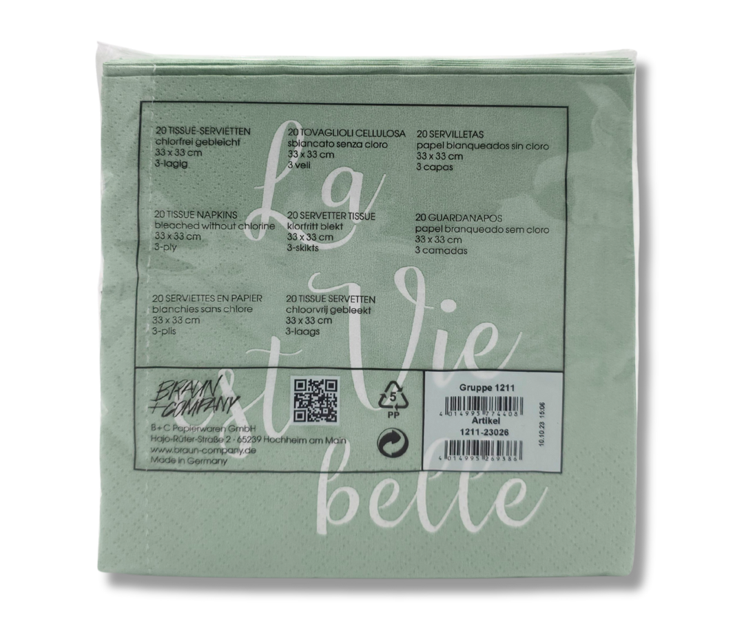 Papierservietten La Vie est belle, 3-lagig, 33 x 33 cm, Packung mit 20 Stück, hergestellt in Deutschland