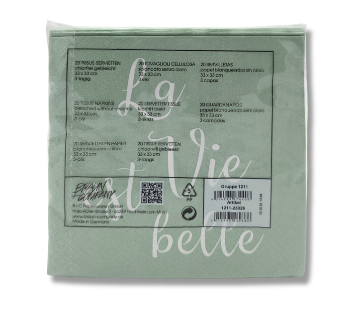Papierservietten La Vie est belle, 3-lagig, 33 x 33 cm, Packung mit 20 Stück, hergestellt in Deutschland