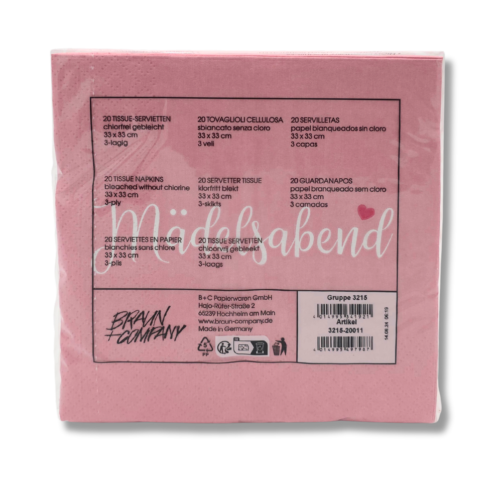 Rosa Papierservietten Mädelsabend, FSC-zertifiziert, 3-lagig, 33 x 33 cm, Packung mit 20 Stück, hergestellt in Deutschland