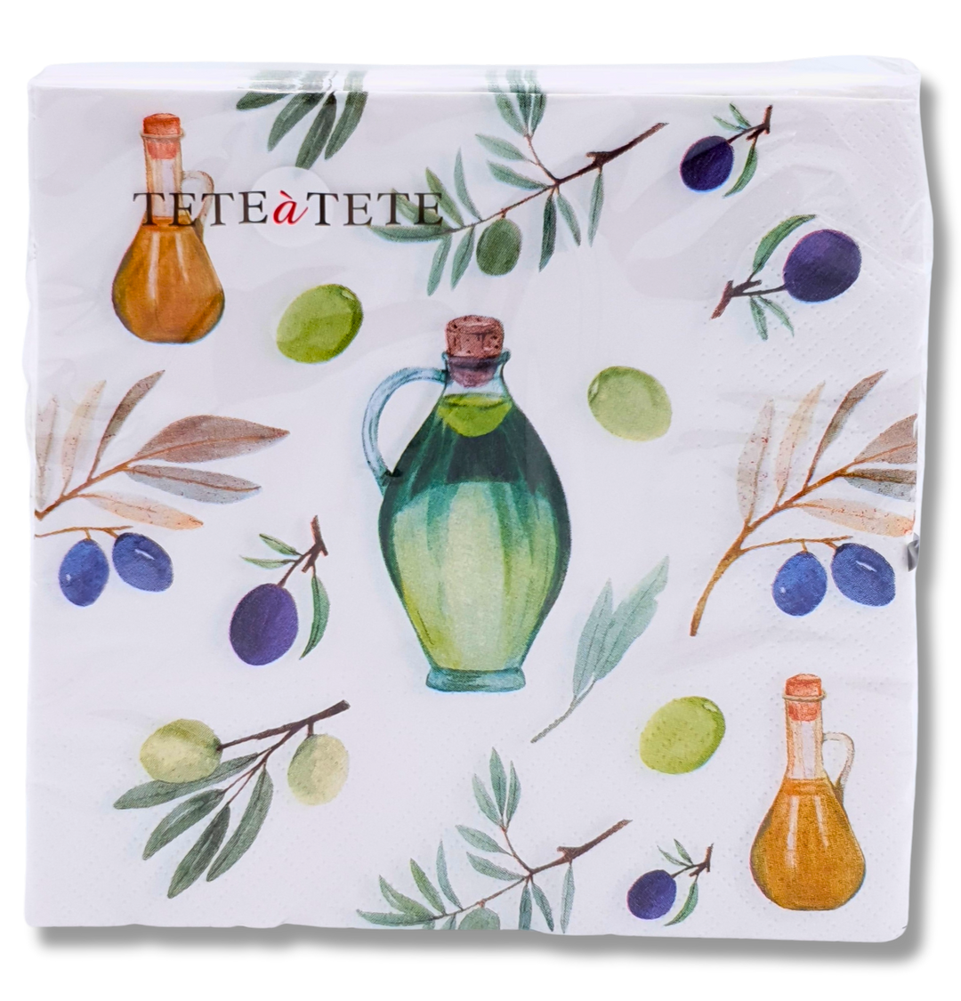 Servietten Olives Time mit Olivenzweigen und Olivenölflaschen, 33x33 cm