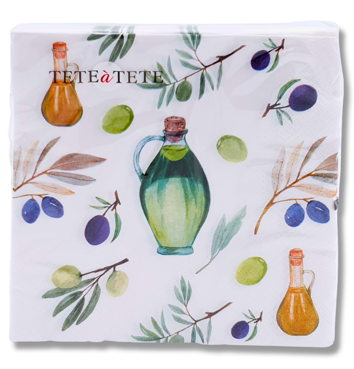 Servietten Olives Time mit Olivenzweigen und Olivenölflaschen, 33x33 cm