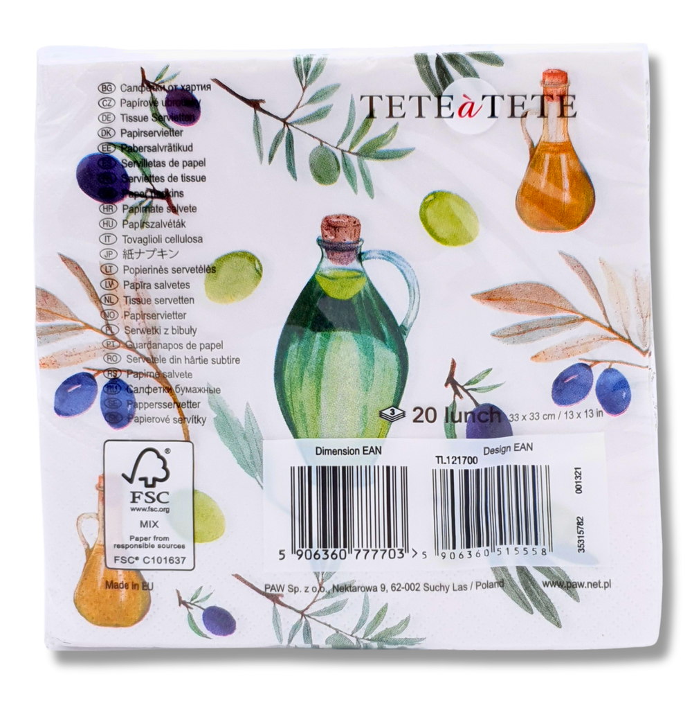 Mediterrane Papierserviette mit Oliven-Motiv, 3-lagig, 20 Stück