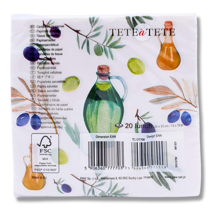 Mediterrane Papierserviette mit Oliven-Motiv, 3-lagig, 20 Stück
