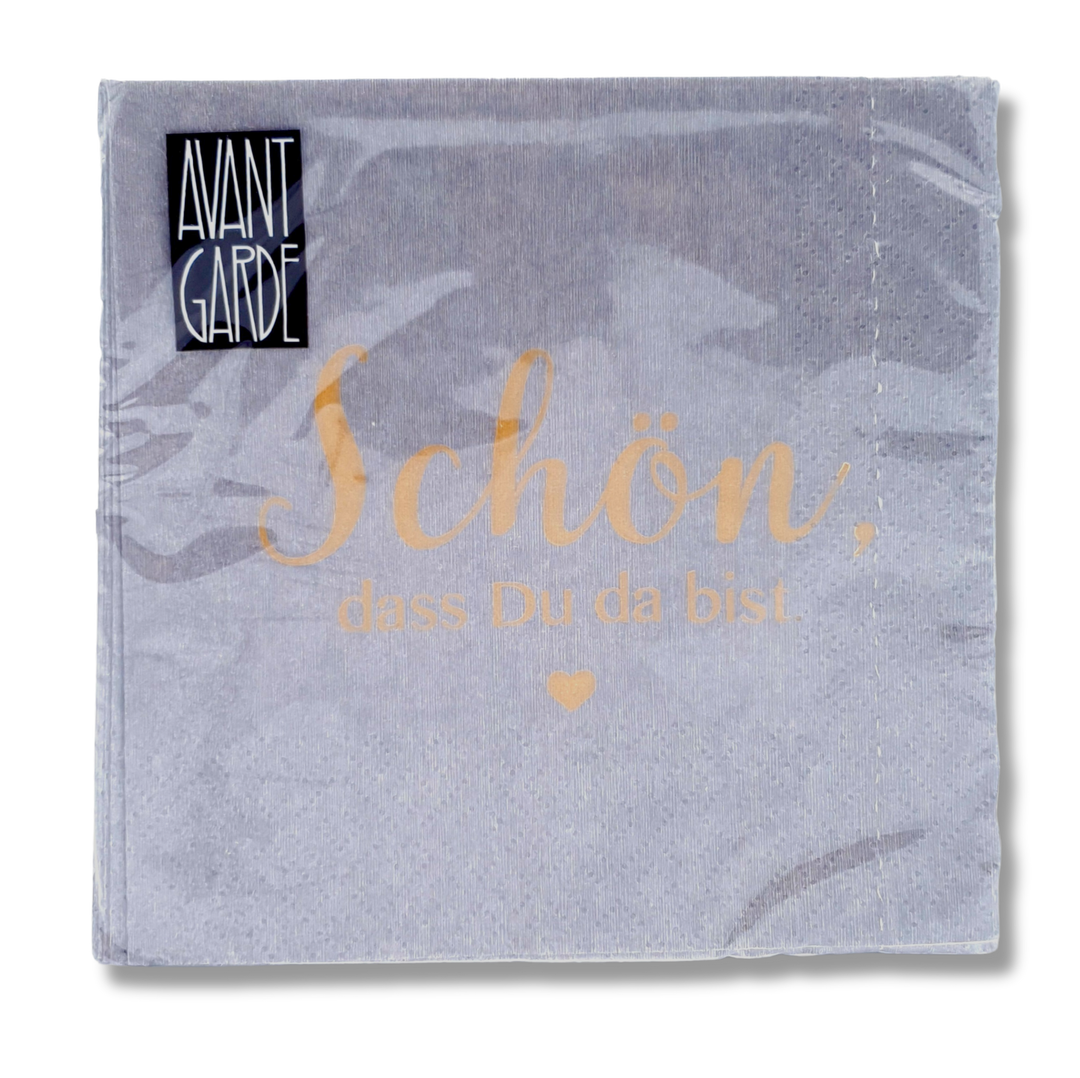 Serviette Schön, dass Du da bist in Grau mit goldener Schrift, 3-lagig