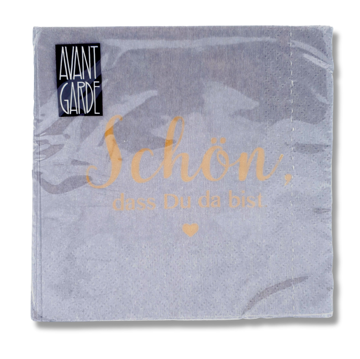 Serviette Schön, dass Du da bist in Grau mit goldener Schrift, 3-lagig