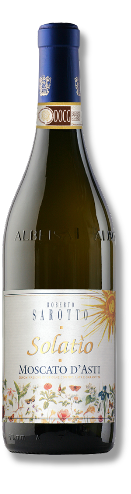 Flasche Moscato d’Asti DOCG, klassischer italienischer Süßwein aus dem Piemont, hellgolden, leicht prickelnd, fruchtig und aromatisch.