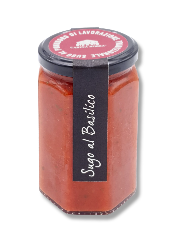 Casina Rossa Sugo al Basilico – italienische Tomatensauce im Glas mit frischem Basilikum, traditionell hergestellt in Italien.