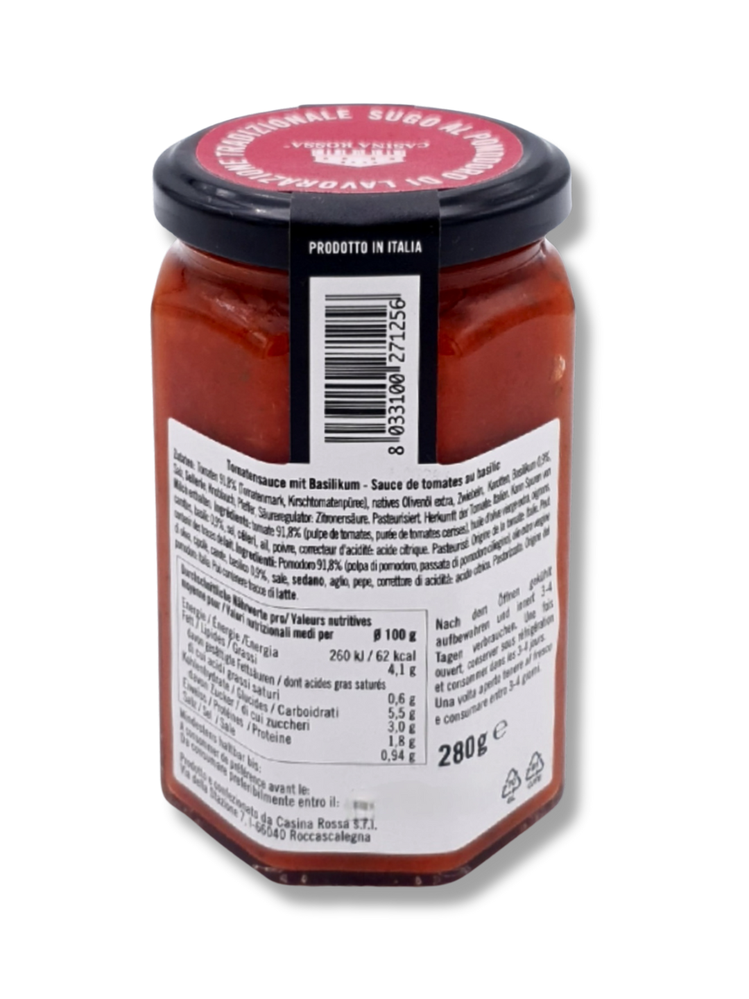Casina Rossa Sugo al Basilico – italienische Tomatensauce im Glas mit frischem Basilikum, traditionell hergestellt in Italien. Närwerttabelle und Zutatenliste.