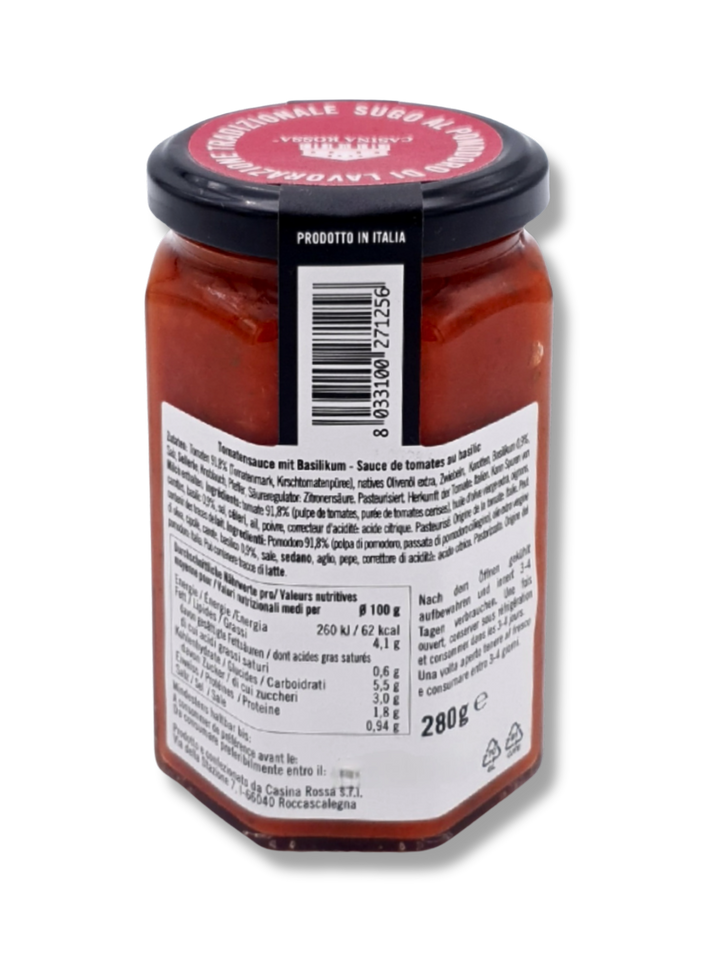 Casina Rossa Sugo al Basilico – italienische Tomatensauce im Glas mit frischem Basilikum, traditionell hergestellt in Italien. Närwerttabelle und Zutatenliste.