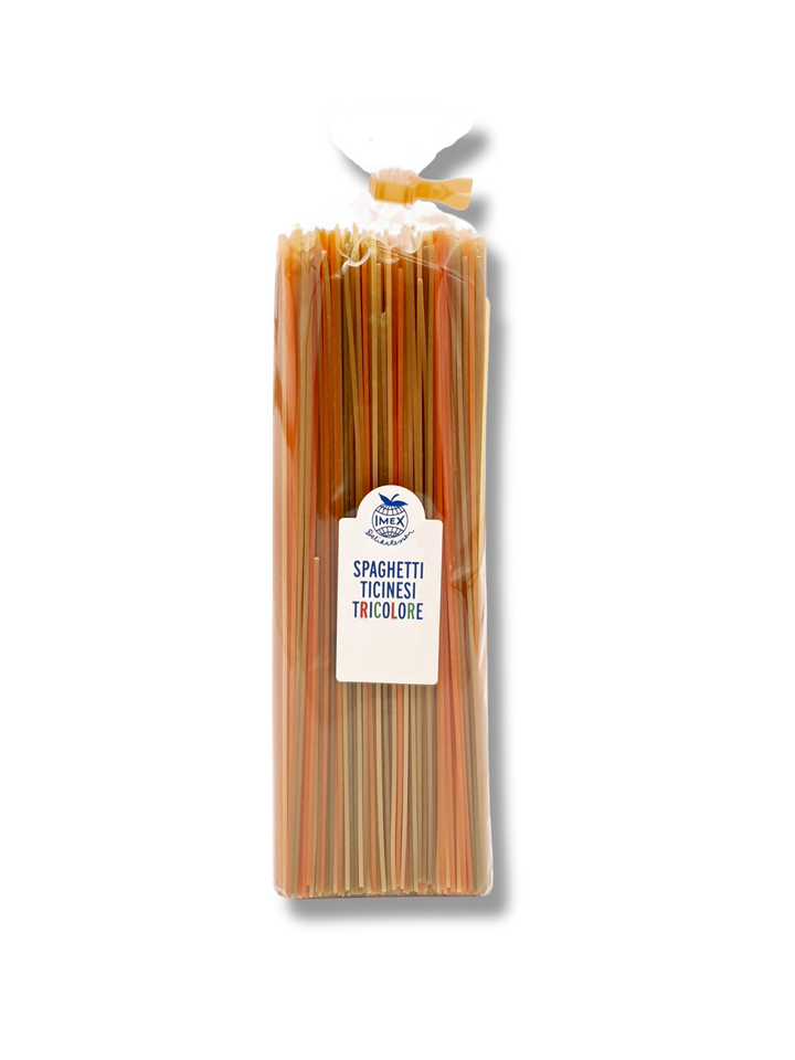 Tessiner Spaghetti Tricolore von Imex – Dreifarbige Pasta aus der Schweiz - Etikett