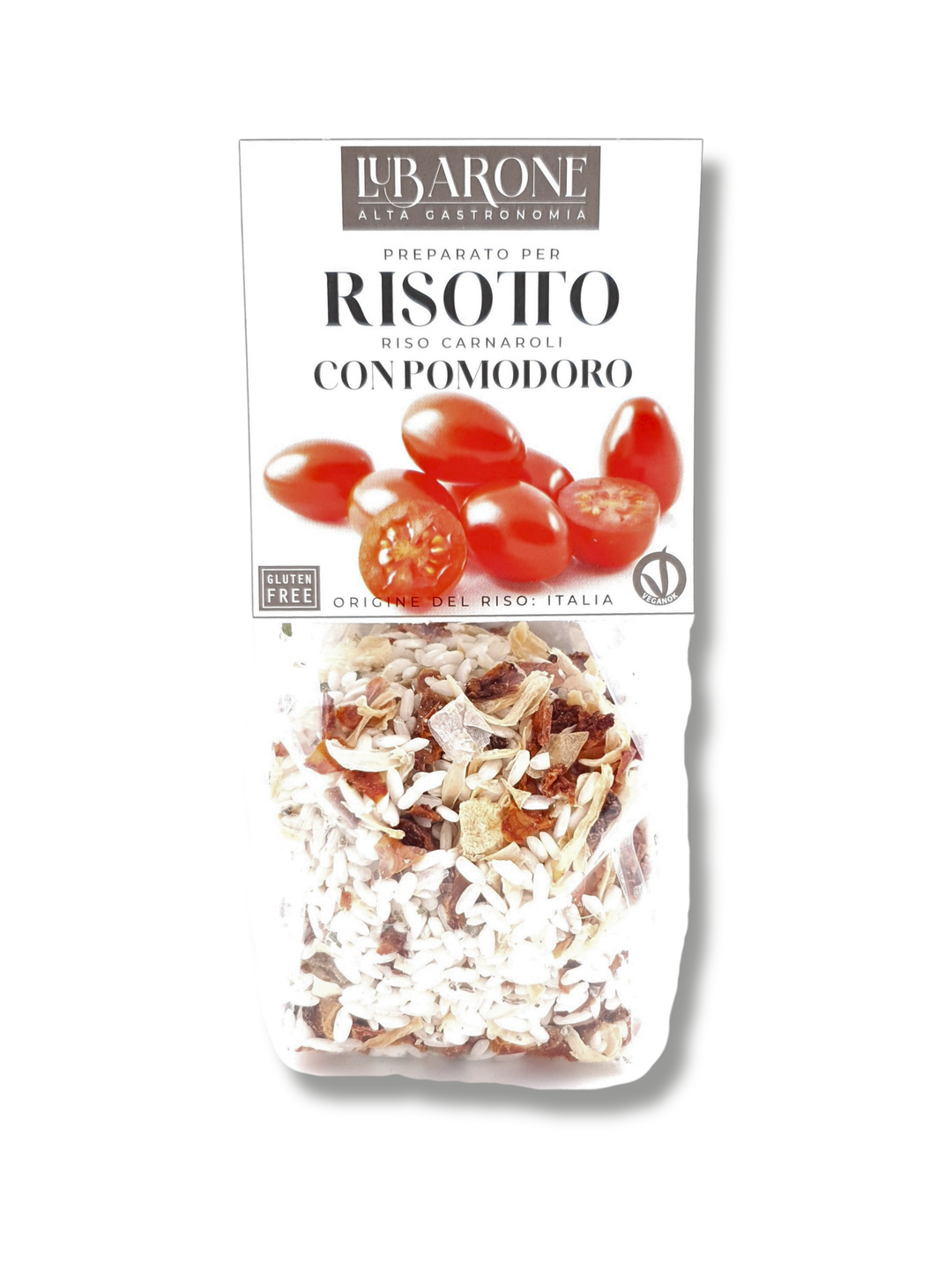 Tomaten-Risotto mit Carnaroli-Reis – Lubarone 250g Beutel aus Italien - Etikett