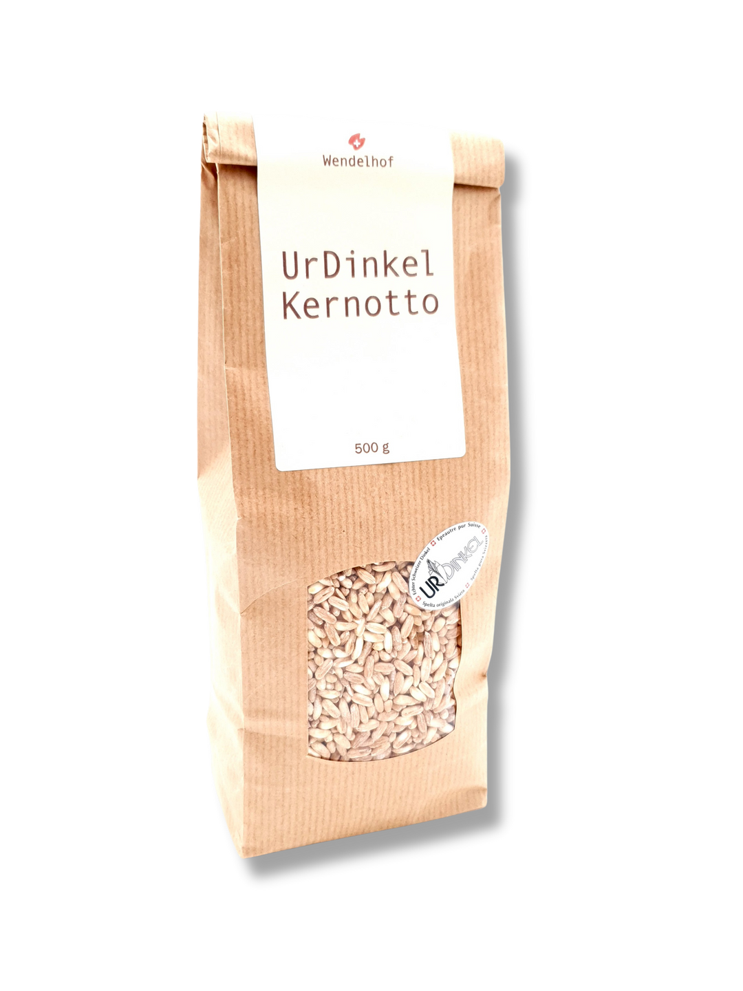 500g-Packung Urdinkel Kernotto aus dem Seetal – naturbelassenes Schweizer Urgetreide in umweltfreundlicher Verpackung, Etikette